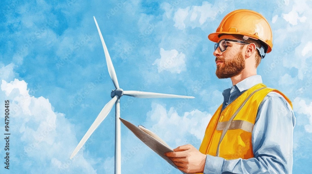 Wind turbine engineer in watercolor, surrounded by rotating blades, using soft pastels to convey motion and energy Wind turbine engineer in watercolor, surrounded by rotating blades, using soft pastels to convey motion and energy
