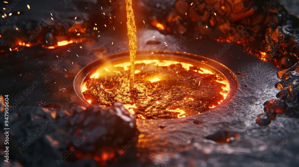 Fiery Furnace Intense CloseUp of Molten Metal Pouring into Cast in Foundry Fiery Furnace Intense CloseUp of Molten Metal Pouring into Cast in Foundry