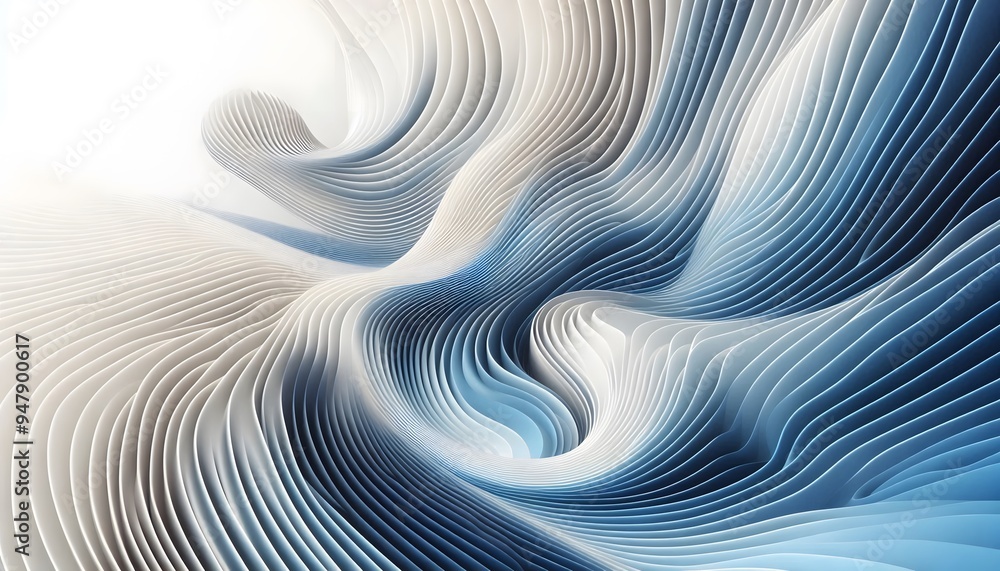 Obraz premium Abstract blue and white wave, curve patterns flowing through a soft landscape background with gentle light.