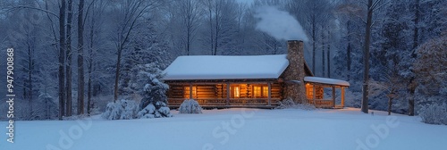 Cozy country log cabin in the winter forest, with snow-covered trees, smoke rising from the chimney, and warm light from the window. Image generated by AI photo