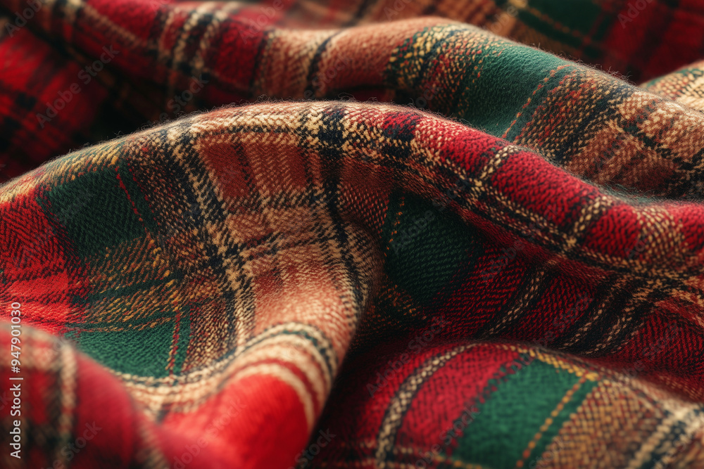 plaid fabric with red, green, and yellow colors. The fabric is rolled up and has a wavy texture plaid fabric with red, green, and yellow colors. The fabric is rolled up and has a wavy texture