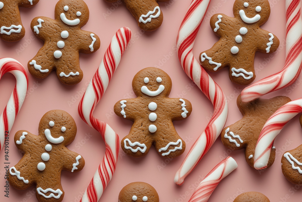 Pink background with a variety of gingerbread men and candy canes Pink background with a variety of gingerbread men and candy canes
