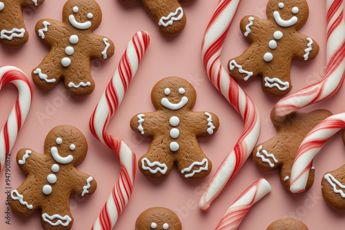 Pink background with a variety of gingerbread men and candy canes