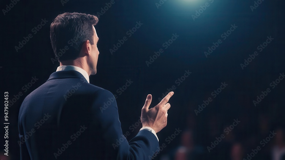 Speaker delivering a powerful talk with impactful visuals, business conference, audience engagement Speaker delivering a powerful talk with impactful visuals, business conference, audience engagement