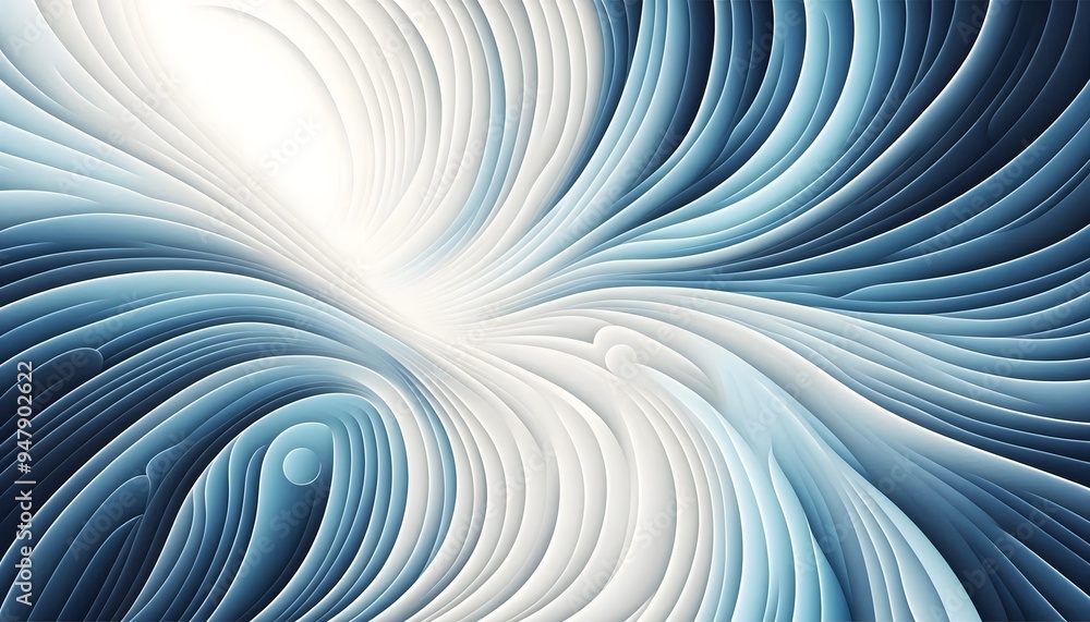 Abstract blue and white wave, curve patterns flowing through a soft landscape background with gentle light. Abstract blue and white wave, curve patterns flowing through a soft landscape background with gentle light.