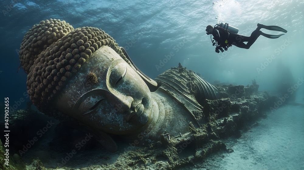 A scuba diver swimming alongside the evident damage on the wreckage of a huge Buddha statue. An intriguing historical background. A scuba diver swimming alongside the evident damage on the wreckage of a huge Buddha statue. An intriguing historical background.