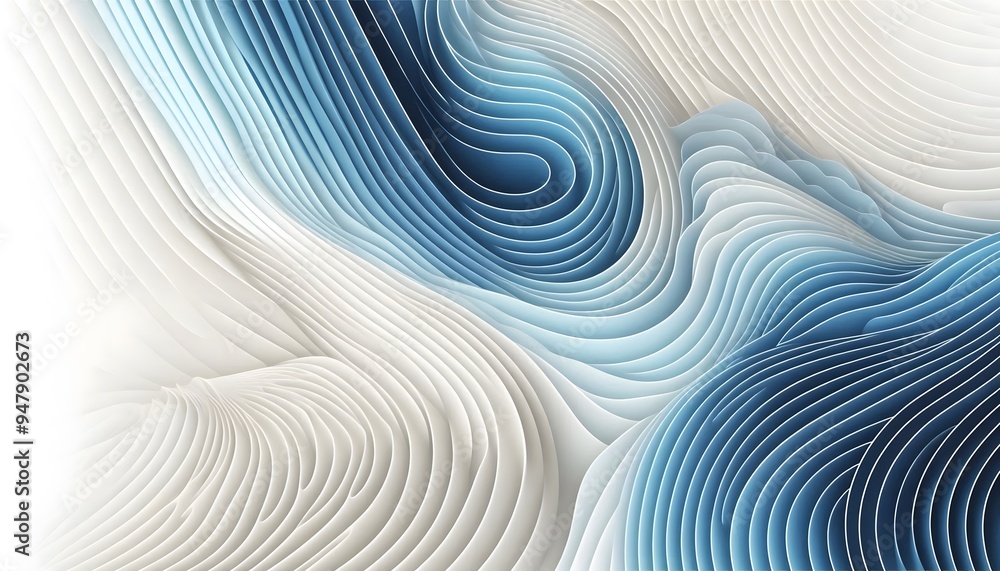 Obraz premium Abstract blue and white wave, curve patterns flowing through a soft landscape background with gentle light.