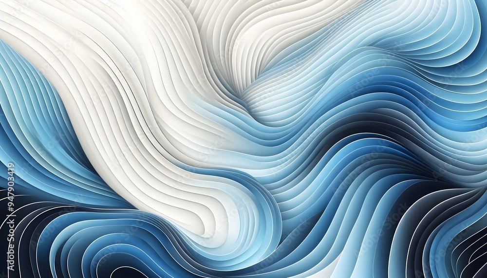 Abstract blue and white wave, curve patterns flowing through a soft landscape background with gentle light. Abstract blue and white wave, curve patterns flowing through a soft landscape background with gentle light.