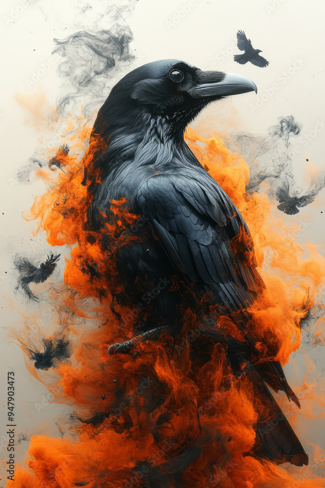 Dissolving ravens blending into a soft pastel orange mist, Dissolving ravens blending into a soft pastel orange mist,