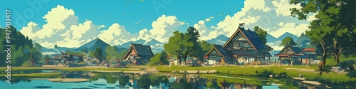 Wallpaper Mural Enchanting AI-Generated Town and Village Illustration: Artistic Marketing Background with Anime-Style Flair. Abstract Cityscape Blending Cultural Elements, Freedom, and Inclusivity. Elegant Minimalist Torontodigital.ca
