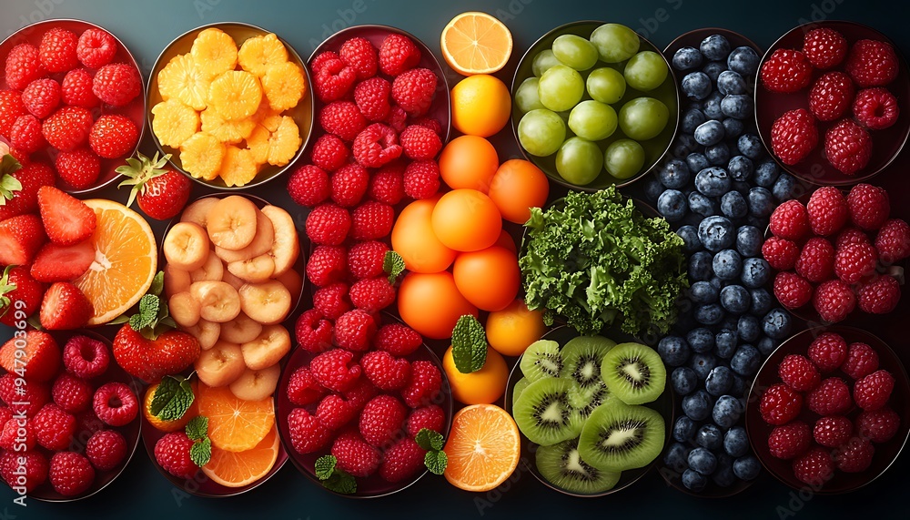 Assortment of fresh fruits and berries in bowls on a blue background. Assortment of fresh fruits and berries in bowls on a blue background.