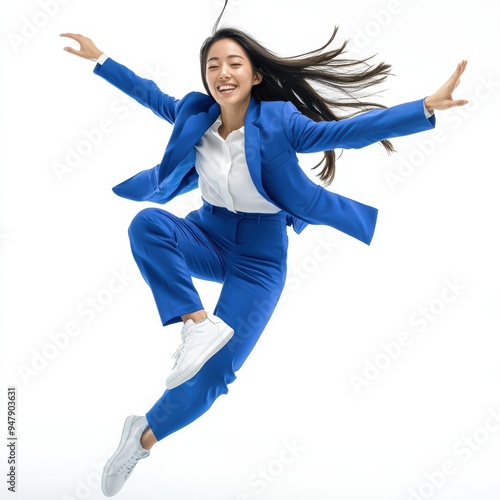 An Asian woman in a business blue suit is captured mid-air, jumping with joy and energy against an isolated background. Her expression radiates happiness and enthusiasm