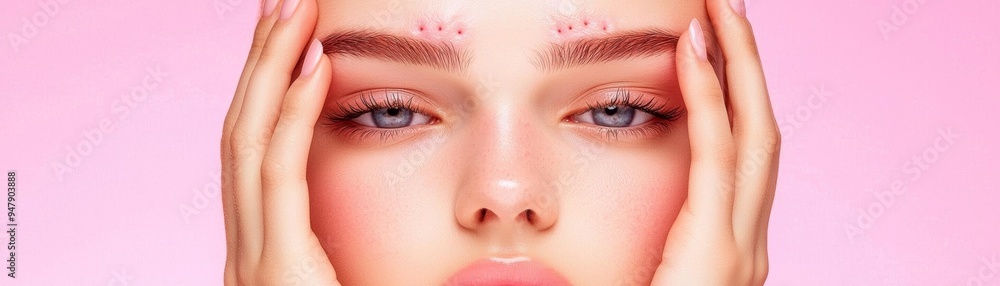 Fototapeta premium Teenage girl with acne on her forehead, gently touching her face