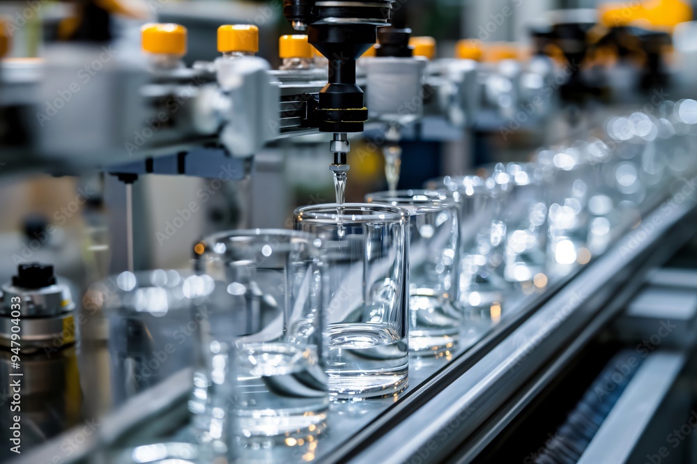 Automated industrial machine is pouring liquid into empty glasses on a production line Automated industrial machine is pouring liquid into empty glasses on a production line