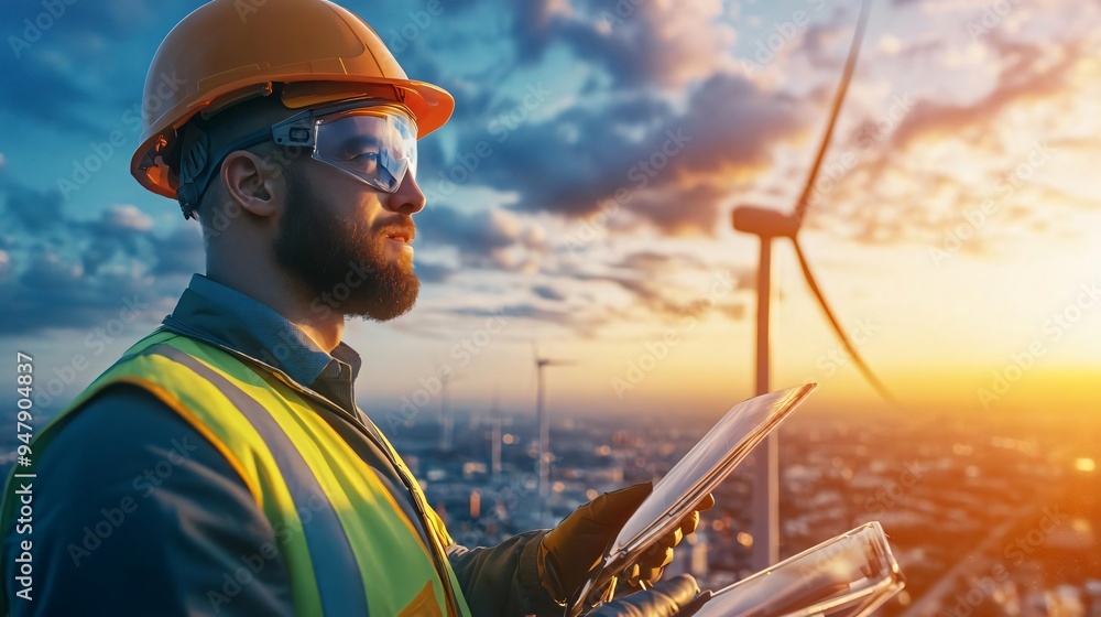 An engineer examines wind turbine data during sunset, showcasing renewable energy and professional dedication. An engineer examines wind turbine data during sunset, showcasing renewable energy and professional dedication.