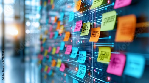 Colorful sticky notes on a digital board represent ideas and strategies for collaboration and project management in a modern workspace.