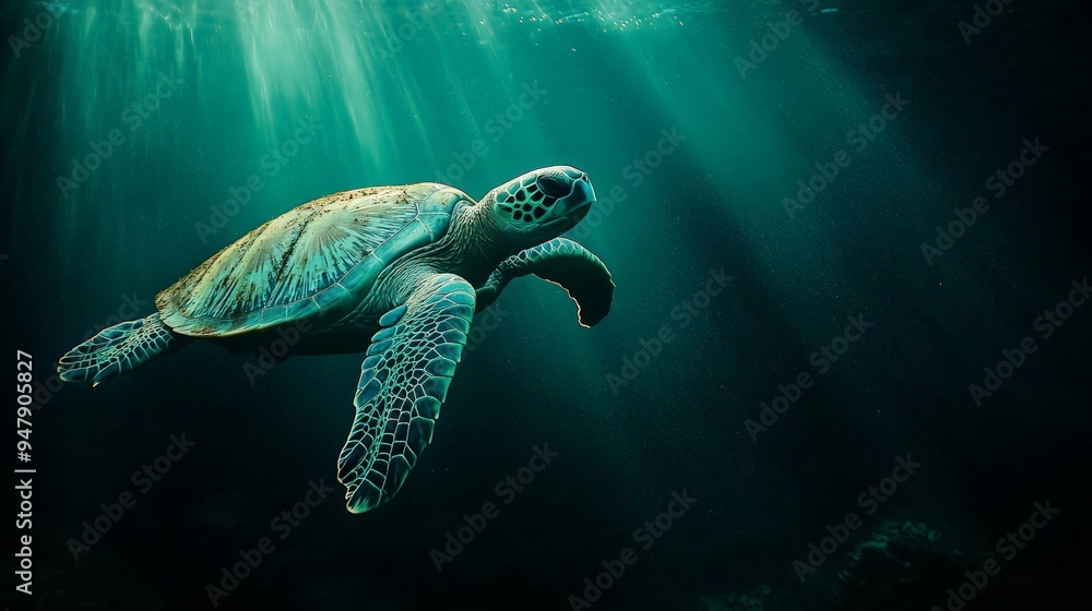 Fototapeta premium Teal Sea Turtle Floating