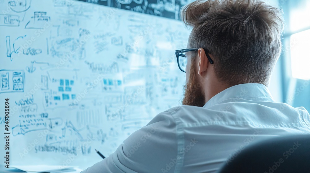 Professionally focused individual analyzing complex diagrams and concepts on a whiteboard, showcasing creativity and problem-solving skills. Professionally focused individual analyzing complex diagrams and concepts on a whiteboard, showcasing creativity and problem-solving skills.