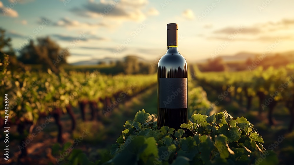 Fototapeta premium A wine bottle stands gracefully in a vineyard, bathed in the warm hues of sunset.