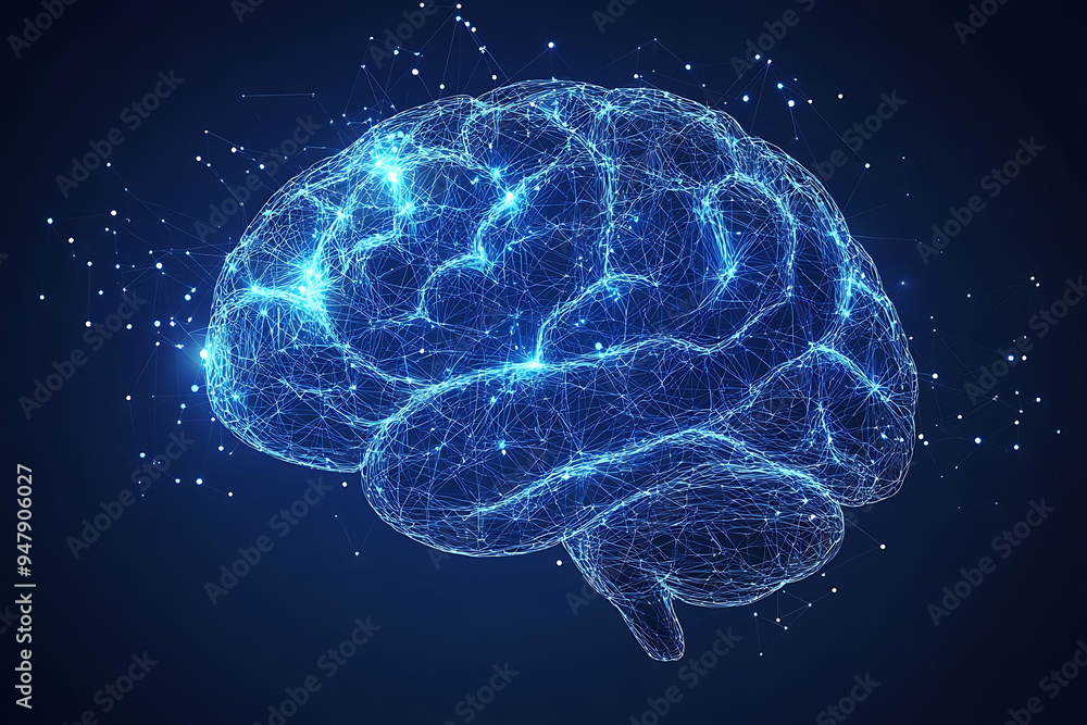 A glowing brain composed of interconnected nodes on a blue background, representing artificial intelligence, neural networks, and big data technology A glowing brain composed of interconnected nodes on a blue background, representing artificial intelligence, neural networks, and big data technology