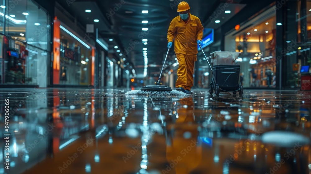 A focused cleaner polishing the floors in a shopping mall early in the morning, before the crowds arrive A focused cleaner polishing the floors in a shopping mall early in the morning, before the crowds arrive