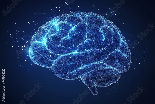 A glowing brain composed of interconnected nodes on a blue background, representing artificial intelligence, neural networks, and big data technology