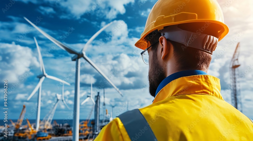 A worker in a safety helmet observes wind turbines on a renewable energy site under a dramatic sky, showcasing green technology. A worker in a safety helmet observes wind turbines on a renewable energy site under a dramatic sky, showcasing green technology.