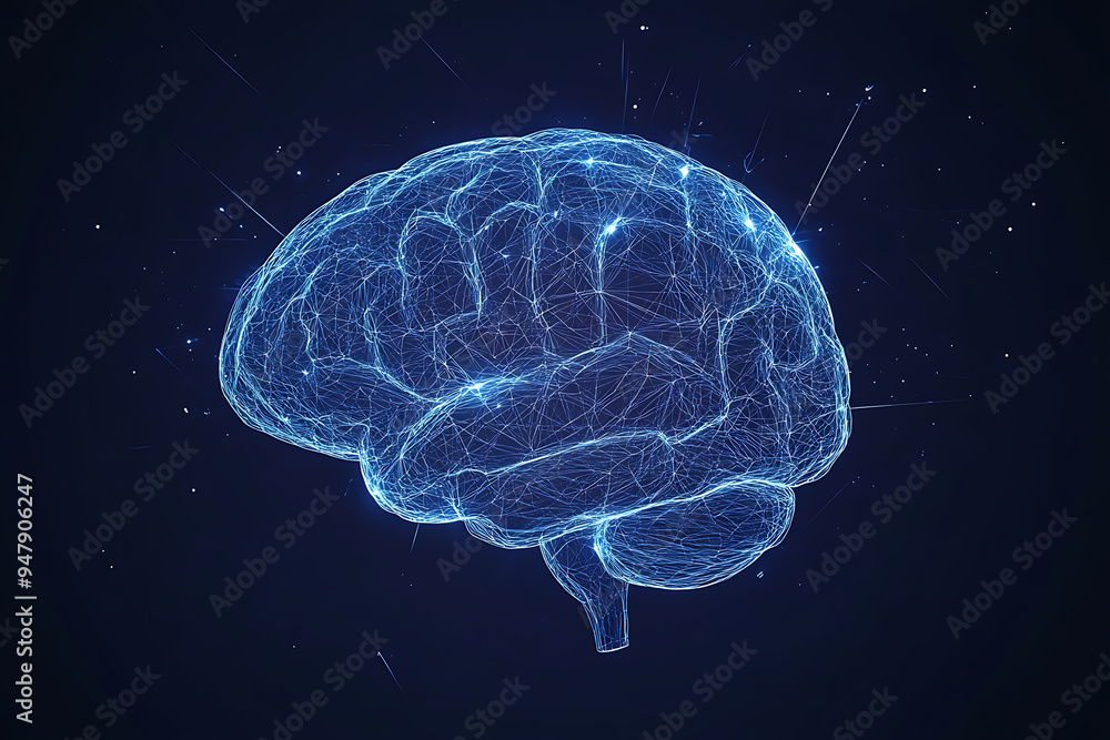 A glowing brain composed of interconnected nodes on a blue background, representing artificial intelligence, neural networks, and big data technology A glowing brain composed of interconnected nodes on a blue background, representing artificial intelligence, neural networks, and big data technology