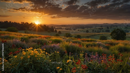 Sunrise with wildflowers. Sun rising, golden light over fields of wildflowers, colorful morning scene. Realistic style. photo