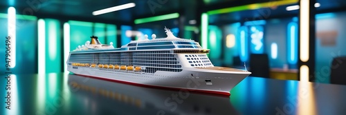 Aerial view of beautiful model cruise ship above luxury cruise close up. tourism travel a vacation time on summer, webinar banner