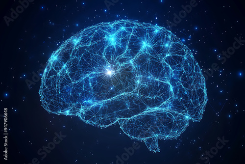 A glowing brain composed of interconnected nodes on a blue background, representing artificial intelligence, neural networks, and big data technology