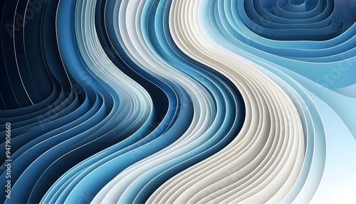 Abstract blue and white wave, curve patterns flowing through a soft landscape background with gentle light.