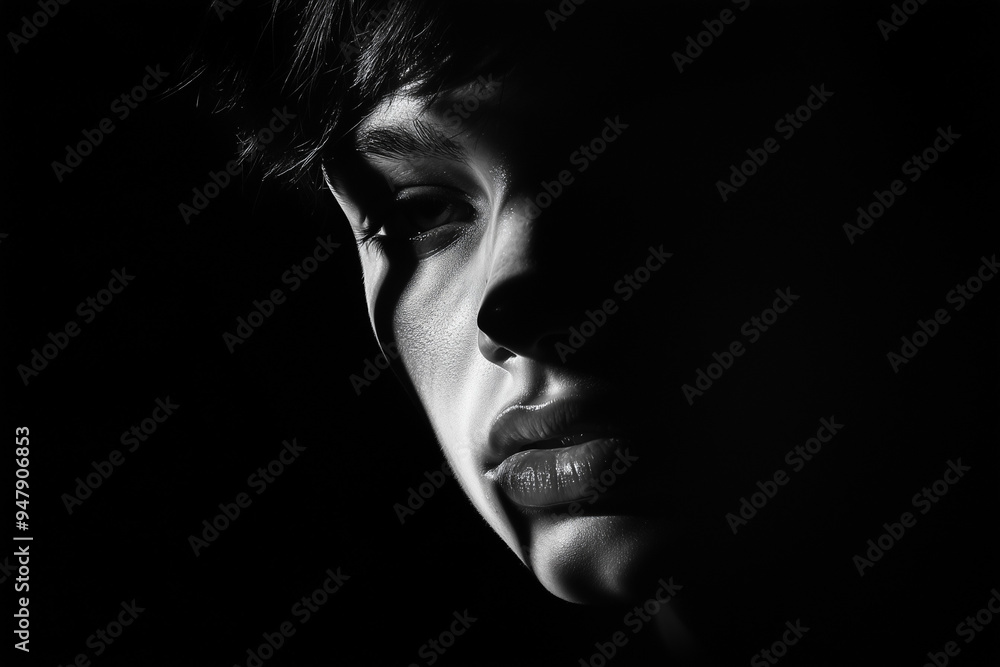Close-up of a Woman's Face in Deep Shadow with Dramatic Black and White Lighting
Close-up of a Woman's Face in Deep Shadow with Dramatic Black and White Lighting
