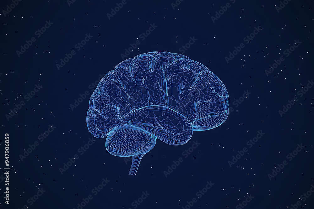 A glowing brain composed of interconnected nodes on a blue background, representing artificial intelligence, neural networks, and big data technology A glowing brain composed of interconnected nodes on a blue background, representing artificial intelligence, neural networks, and big data technology