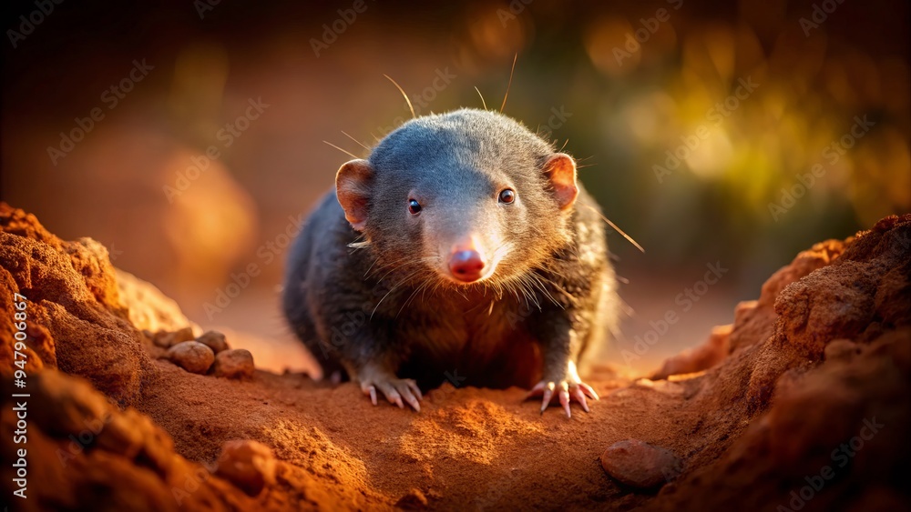 Zorilla emerges from shadows, revealing its unique blend of mole and skunk, bathed in warm light and textures, with loneliness and mystery unfolding in a muted terracotta landscape. Zorilla emerges from shadows, revealing its unique blend of mole and skunk, bathed in warm light and textures, with loneliness and mystery unfolding in a muted terracotta landscape.