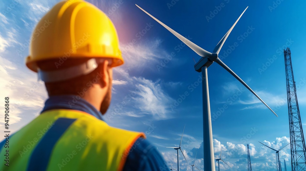 A worker observes a wind turbine against a blue sky, promoting renewable energy and sustainable practices in the industrial sector. A worker observes a wind turbine against a blue sky, promoting renewable energy and sustainable practices in the industrial sector.