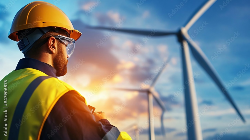 A worker observes a wind turbine at sunset, showcasing renewable energy and environmental commitment in a modern landscape. A worker observes a wind turbine at sunset, showcasing renewable energy and environmental commitment in a modern landscape.