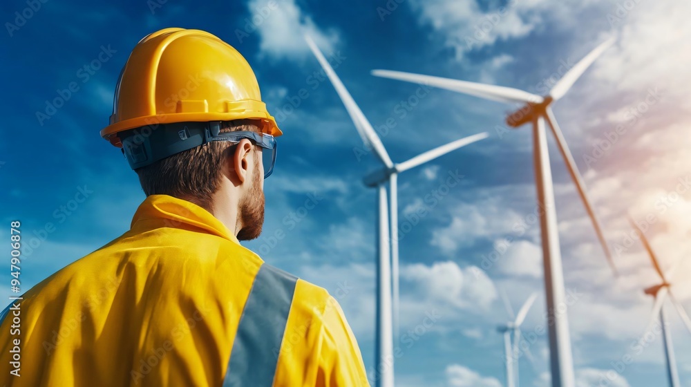 A worker observes wind turbines against a blue sky, symbolizing renewable energy and sustainable development. A worker observes wind turbines against a blue sky, symbolizing renewable energy and sustainable development.