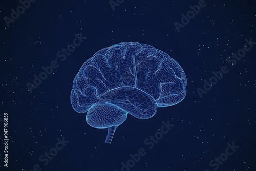 A glowing brain composed of interconnected nodes on a blue background, representing artificial intelligence, neural networks, and big data technology