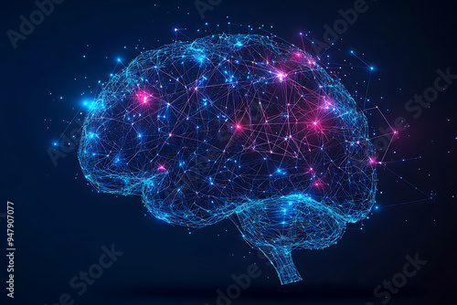 A glowing brain composed of interconnected nodes on a blue background, representing artificial intelligence, neural networks, and big data technology