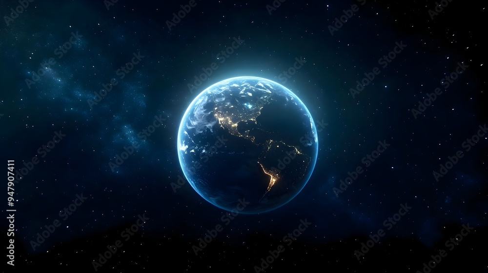 Obraz premium Illuminated Earth Floating in Starry Night Sky Futuristic Global Energy Landscape