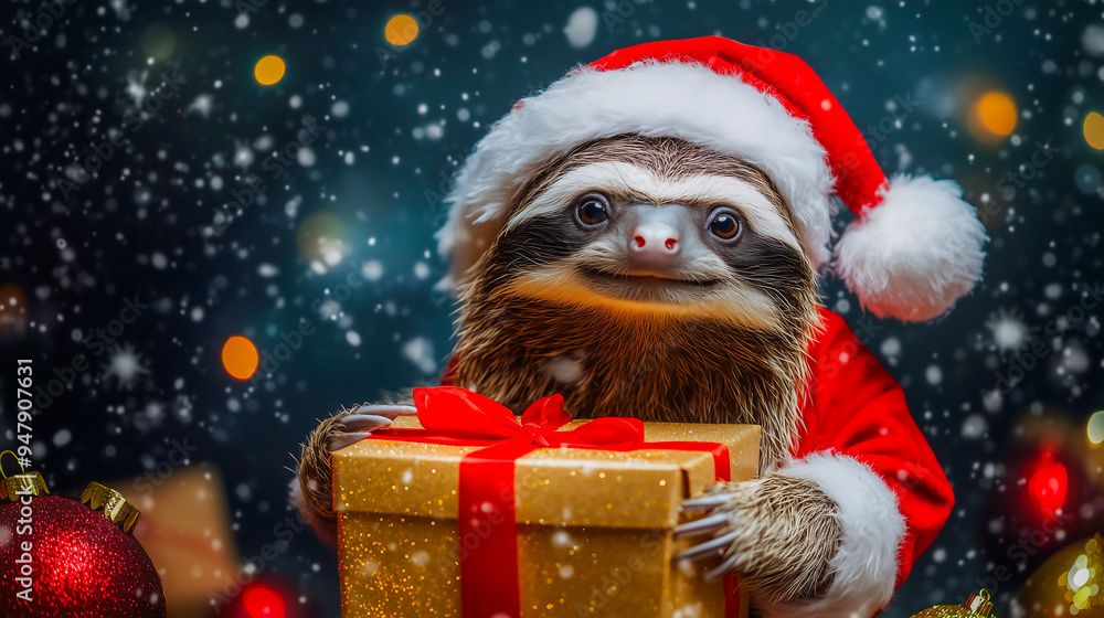 Smiling cute sloth enjoy Christmas holiday holding gift box . Smiling cute sloth enjoy Christmas holiday holding gift box .