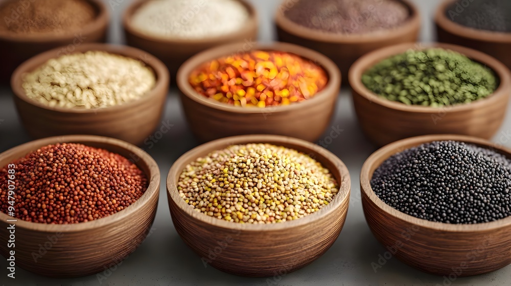 Assorted Spices and Seasonings in Wooden Bowls Variety of Natural Ingredients for Cooking and Cuisine Assorted Spices and Seasonings in Wooden Bowls Variety of Natural Ingredients for Cooking and Cuisine
