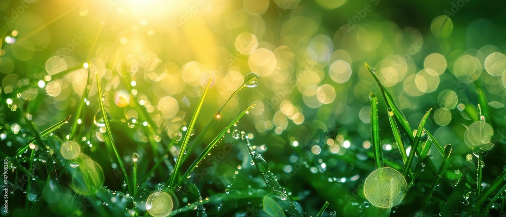 Obraz premium Close-up of fresh morning dew drops on vibrant green grass, glistening in the sunlight.