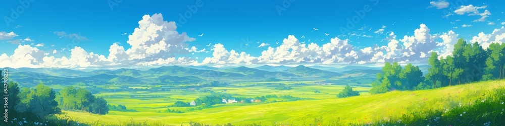 Obraz premium Enchanting Anime-Style Fantasy Landscape: Dreamy Blue Sky and Clouds Background. AI-Generated Artistic Scene for Marketing, Cultural Expression, and Graphic Design. Elegant Minimalist Template with Gr