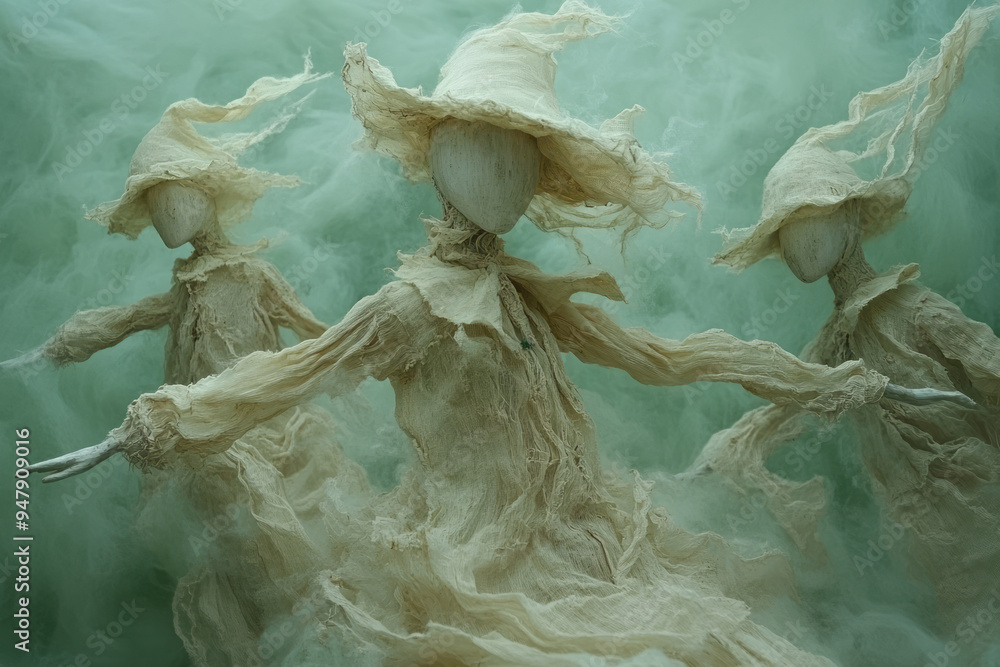 Foto Floating scarecrows in a light pastel green cloud,