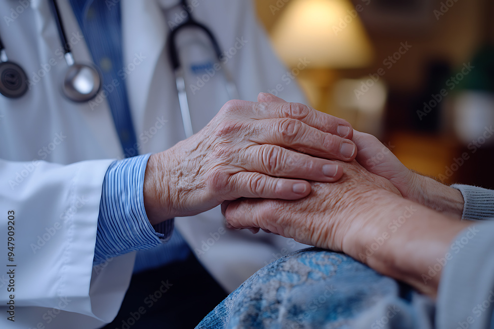 Fototapeta premium A geriatric doctor consulting and caring for an elderly patient suffering from Parkinson's disease, arthritis, gout, or mental health issues, providing examination and comfort in a medical clinic 