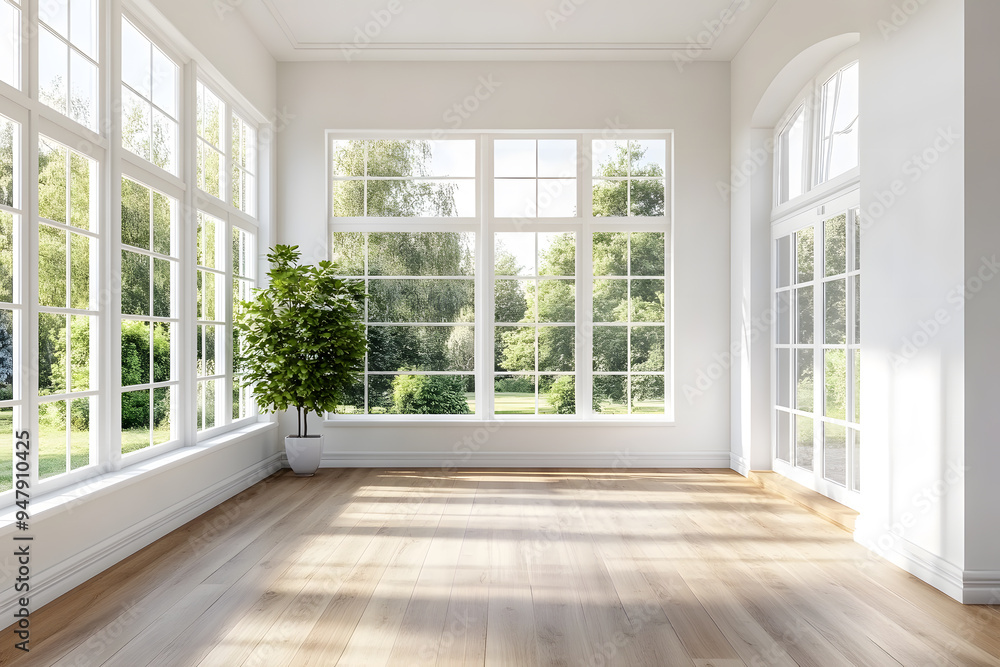 Empty High Ceiling Room with White Big Windows, Wooden Floor and White Walls interior design mock up Empty High Ceiling Room with White Big Windows, Wooden Floor and White Walls interior design mock up