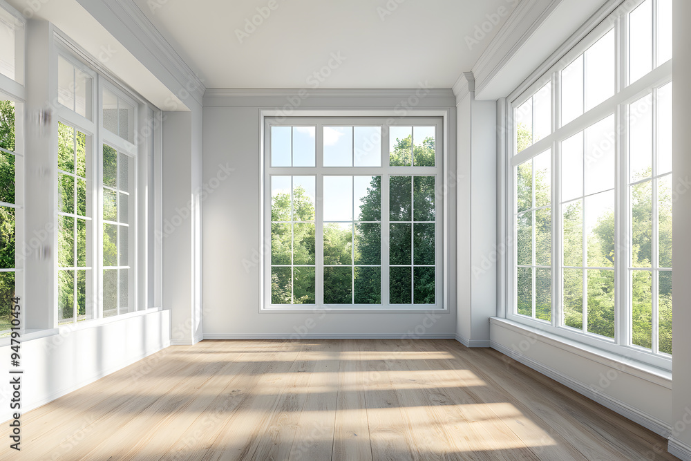 Obraz premium Empty High Ceiling Room with White Big Windows, Wooden Floor and White Walls interior design mock up