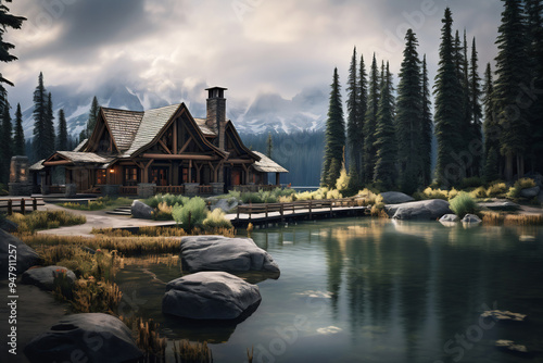 Cabin beside lake photo